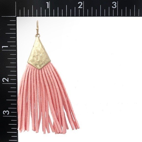 Long Vegan Leather Suede Pink Tassel Gold Dangle Earrings - Picture 2 of 3